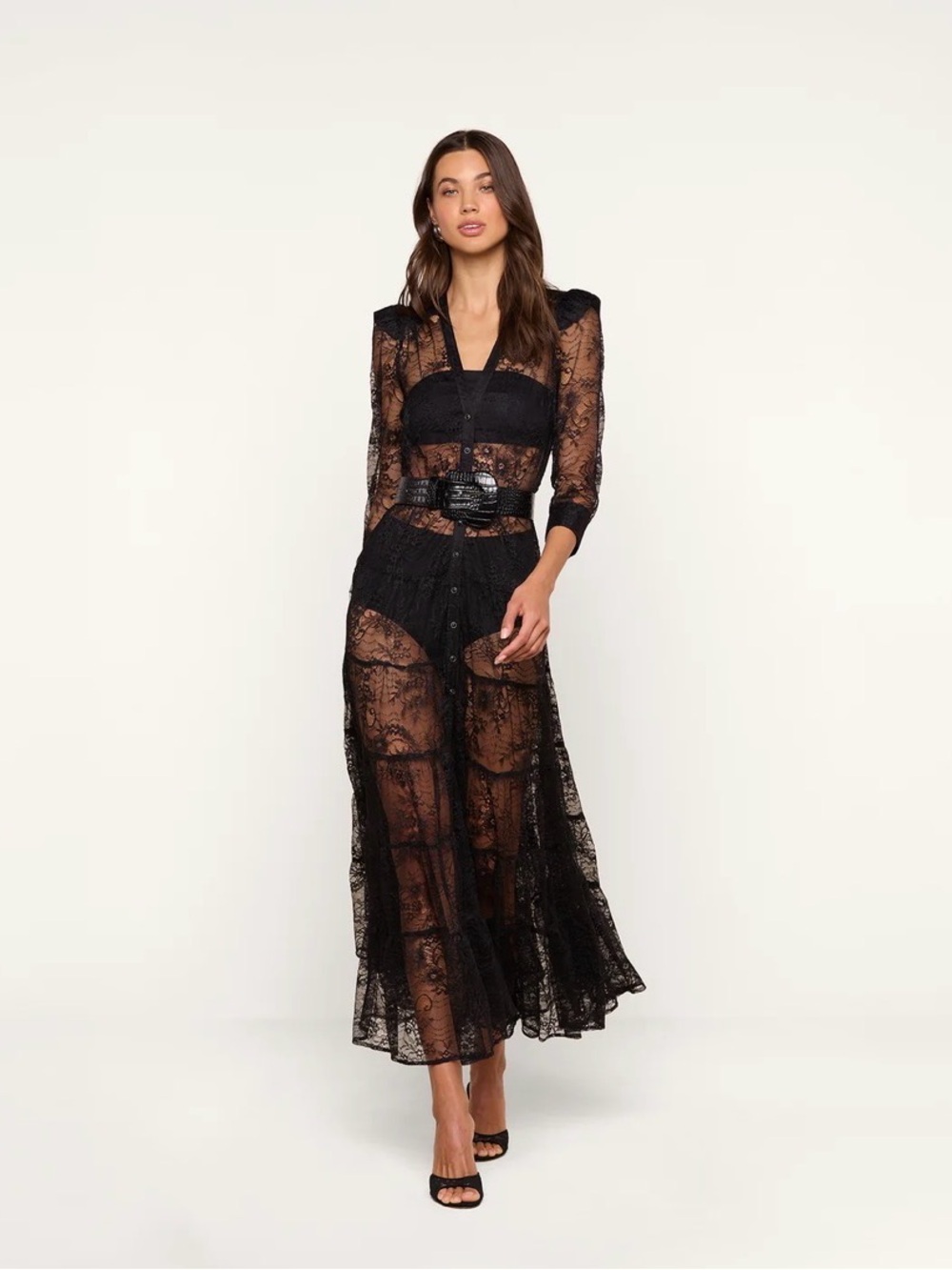 L'AGENCE Black Sheer Lace Maxi Chemise - Picture 1 of 4